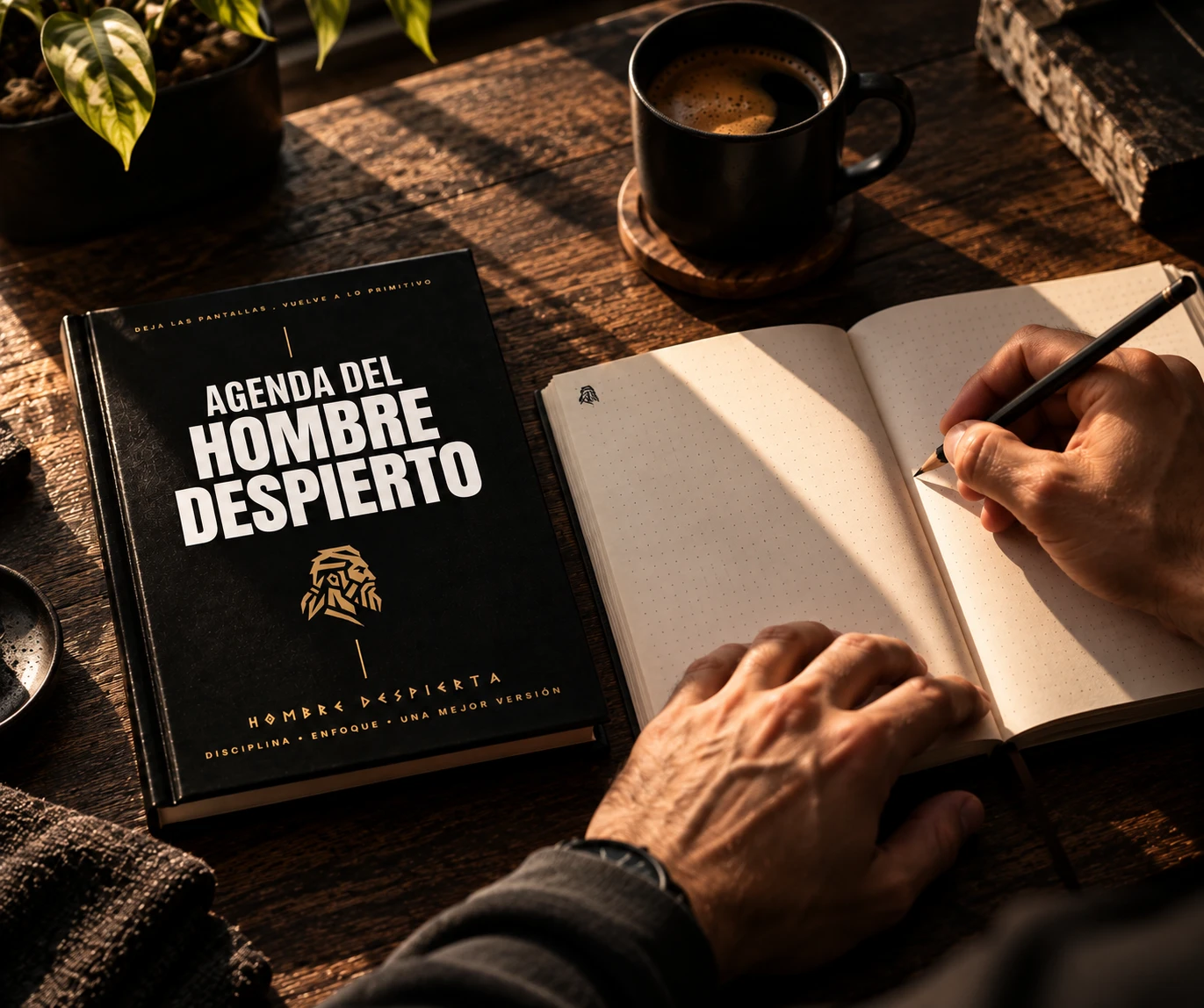 Un hombre escribe en su journal junto a una taza de café