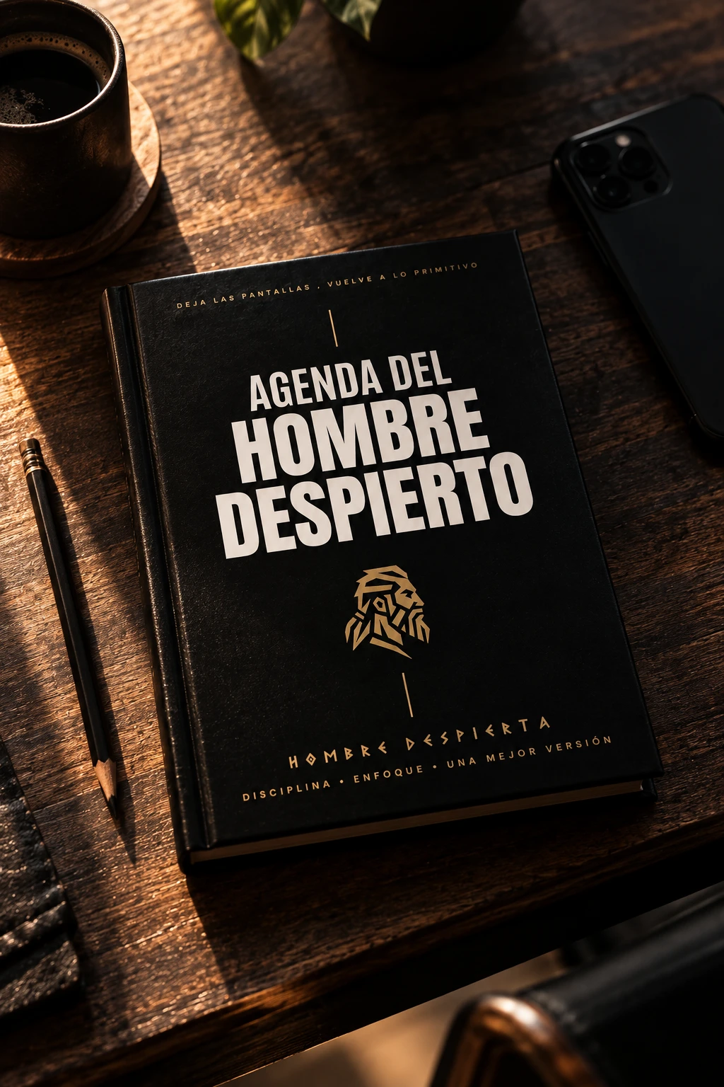 La Agenda del Hombre Despierto sobre un escritorio de madera, con el celular apartado a un lado