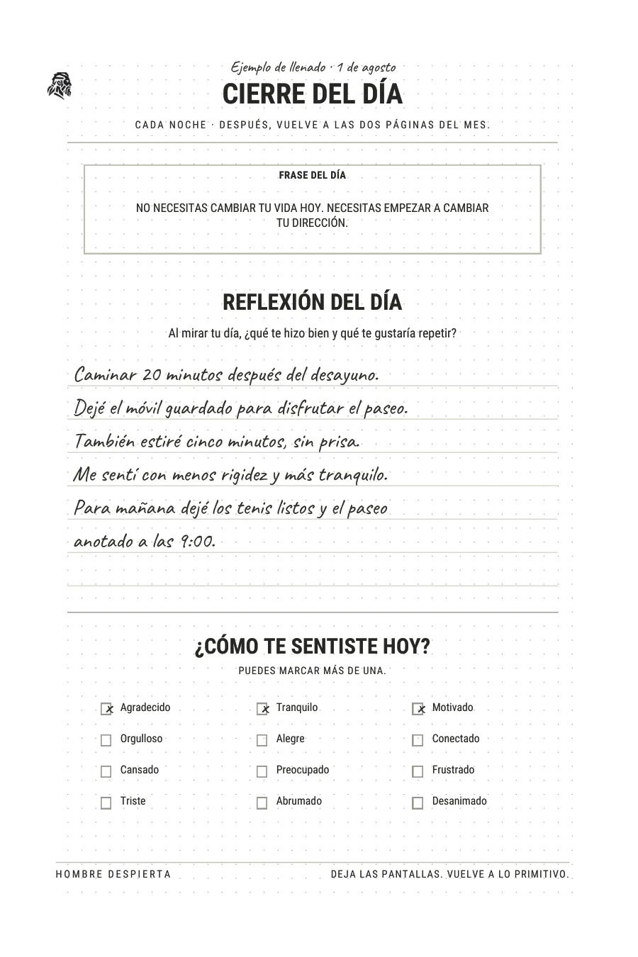 Página Cierre del día del journal llena como ejemplo: frase, reflexión y emociones