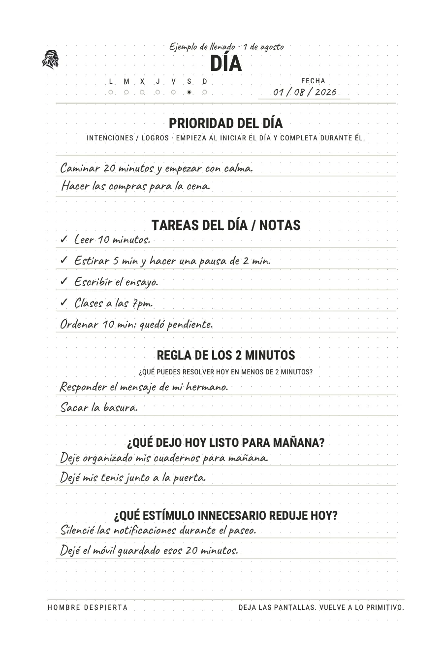 Página Día del journal llena como ejemplo: prioridad, tareas y regla de los 2 minutos